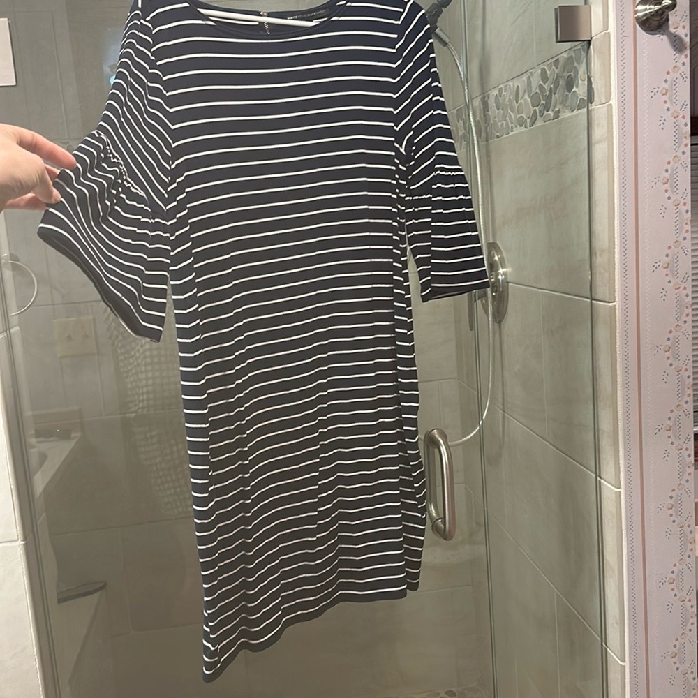 Navy white stripe dress. Bell sleeve. Back zip. Large